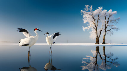 Dancing pair of Red-crowned crane with open wing in flight, with snow storm, Hokkaido, Japan - 729703966