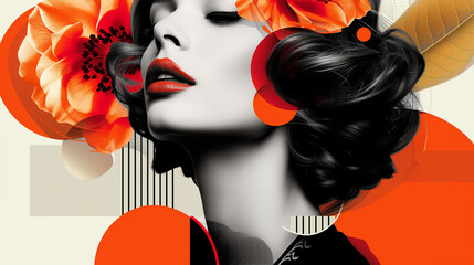 Modernist collage of a 1950s woman's face in black and white with abstract shapes and cropped photos on background, digital art for Horizontal cinematic poster, retro vintage art, big red lips. Ai