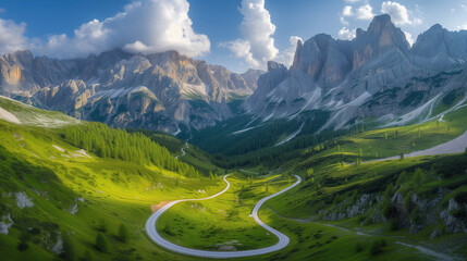 drone top view of Snake road Dolomites, Italy