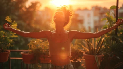Foto auf Acrylglas woman with arms outstretched breathing in fresh air during sunrise at the balcony. Girl enjoying nature while meditating during the morning with open arms and closed eyes. Mindful woman relax © Fokke Baarssen