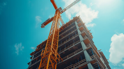 A crane  at a construction site hoisting heavy materials onto a high-rise building construction site