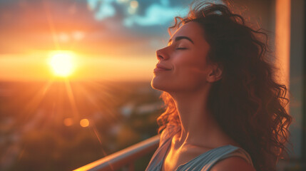 young Latin woman with arms outstretched breathing in fresh air during sunrise - obrazy, fototapety, plakaty