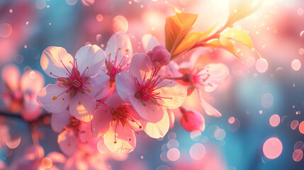 abstract background with blooming pink flowers of Spring, blooming cherry blossom tree