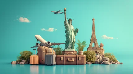 Fototapeten Illustration Travel Concept with Plane, Famous Landmark World, and Traveling luggage, blue background © Fokke Baarssen