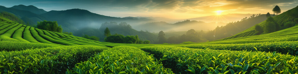 Green tea plantation at sunrise time, natural background, curved green tea plantation at sunrise with fog - obrazy, fototapety, plakaty