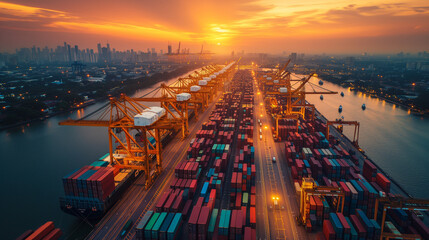 Global business logistics import export of containers cargo freight ship loading at port by crane