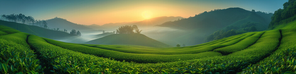 Green tea plantation at sunrise time, natural background, curved green tea plantation - obrazy, fototapety, plakaty