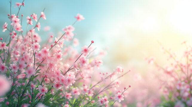 pink flowers in the field, abstract background with blooming pink flowers of Spring,