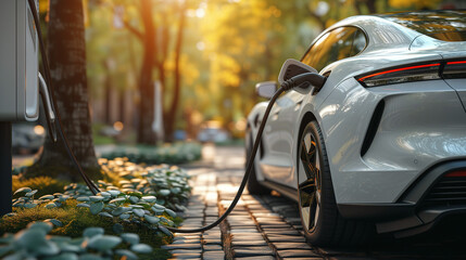 Electric vehicle charging battery in the city, white EV car charging battery at sunset