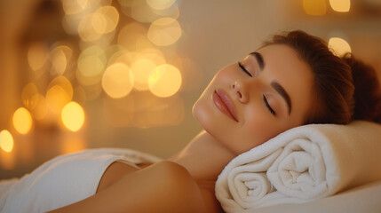 Obraz na płótnie Canvas Young brunette woman enjoying a Thai massage in a spa salon