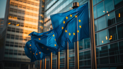 European flags in front of the Berlaymont building, headquarters of the European Commission 