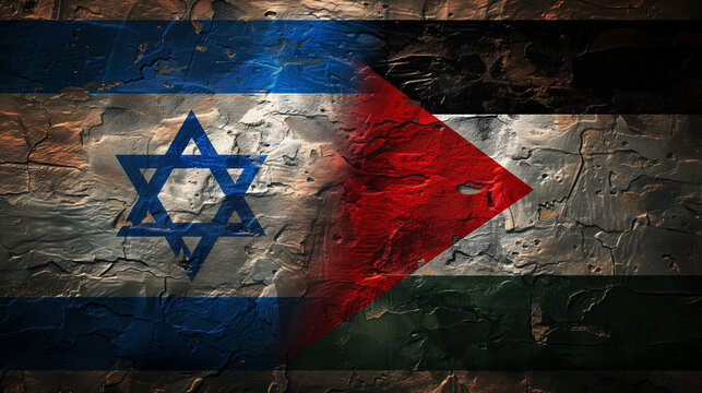 Israeli flag and the Palestinian flag. Concept illustration depicting the conflict war between Palestine and Israel