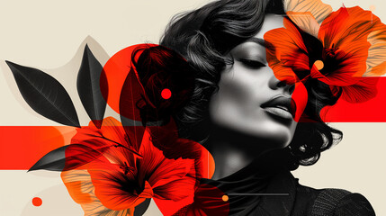 collage of a african american woman's face in black and white with abstract shapes and cropped red flowers on background, digital art for Horizontal cinematic poster, retro vintage art. Ai