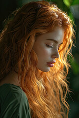 Portrait of a beautiful young woman with long red hair