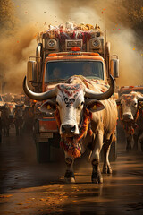 Overhead view of a herd of  Divali decorated cattle disrupting traffic on a dusty rural road - obrazy, fototapety, plakaty
