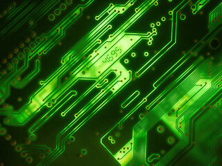 Abstract computer technology background. Macro closeup of green circuitry on high-tech circuit board electronics. - 729706707