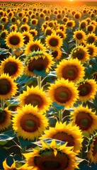 Fototapeta premium Sunflower Fields. Agriculture. Rural. Farming. Summer. Harvest. Yellow. Landscape. Countryside. Blooming. Nature. Sunny. Crop. Floral. Beauty. AI Generated.