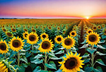 Fototapeta premium Sunflower Fields. Agriculture. Rural. Farming. Summer. Harvest. Yellow. Landscape. Countryside. Blooming. Nature. Sunny. Crop. Floral. Beauty. AI Generated.