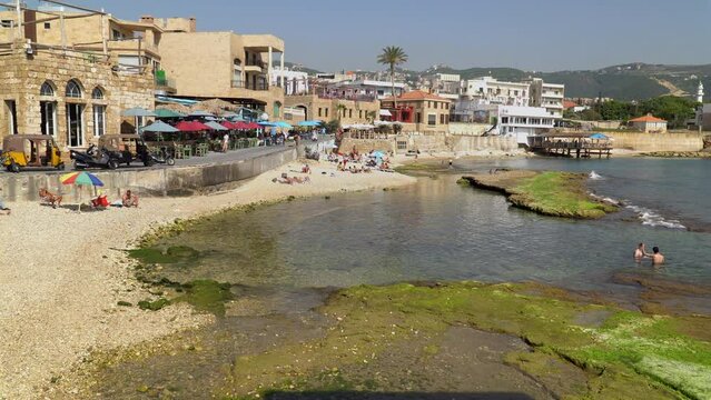 The Bahsa beach, a Mediterranean beach in old town Batroun, Lebanon