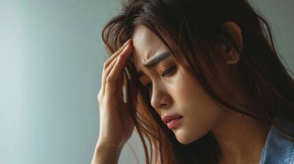 Obraz premium asian woman with a headache touching her forehead in pain