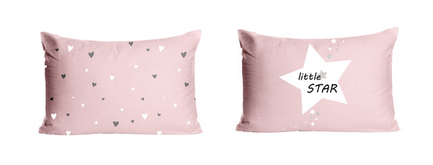 Soft pillows with cute prints isolated on white