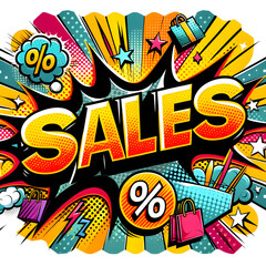 a dynamic and colorful graphic that conveys the energy and excitement of a sale, reminiscent of pop art and comic book aesthetics, with its use of halftone patterns, bright colors, and starbursts.