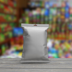 
empty white snack wrapper standing on white wooden table with blurry food shelf background, 3d rendering for mock up design