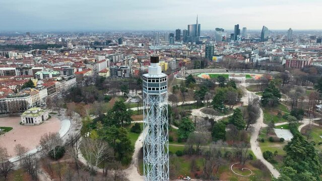 Aerial view of the Ancient observation tower in 4k