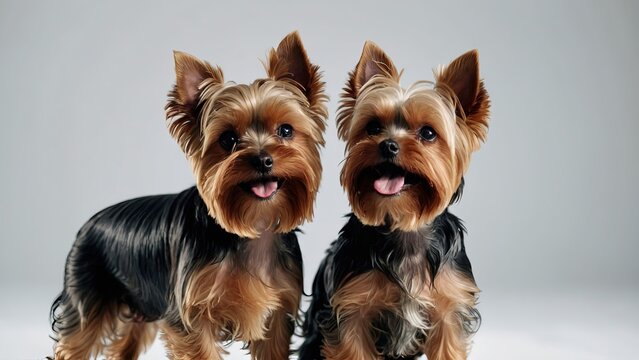 Par de perros Yorkshire terrier, de pie, sobre fondo blanco