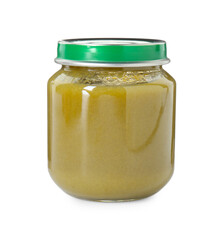 Baby food. Tasty healthy puree in jar isolated on white