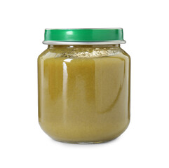 Baby food. Tasty healthy puree in jar isolated on white