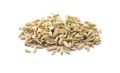 Pile of dry fennel seeds isolated on white
