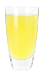 Shot glass with tasty limoncello liqueur isolated on white