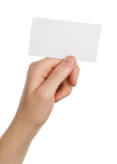 Woman holding blank business card on white background, closeup. Mockup for design