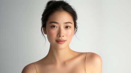 Minimalist Beauty Asian Woman with Clean, Glowing Skin - 729708575
