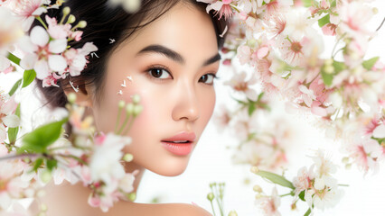 Radiant Beauty in Bloom Asian Woman Surrounded by Botanical - 729708589