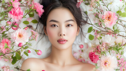 Radiant Beauty in Bloom Asian Woman Surrounded by Botanical - 729708592