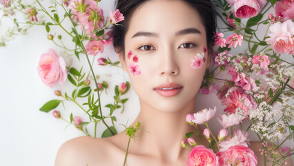 Radiant Beauty in Bloom Asian Woman Surrounded by Botanical - 729708597