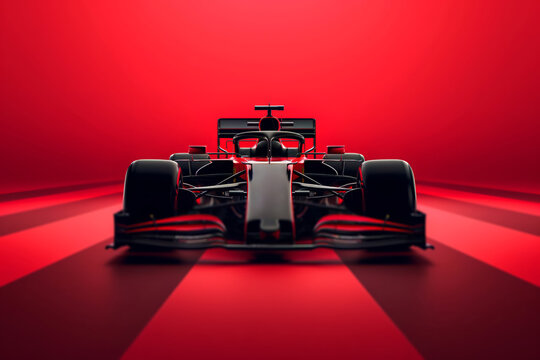 Formula 1 Car isolated in red striped studio. F1 Racing car in studio.