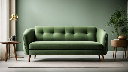Stylish Green Sofa with Wooden Legs on White Background