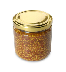 Fresh whole grain mustard in jar isolated on white