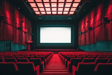 Fototapeta premium Empty Red Seating Cinema Theatre with White Screen