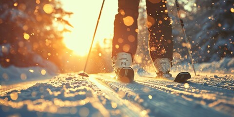 Sunlight Illuminating Skis and Poles on Snowy Landscape - obrazy, fototapety, plakaty