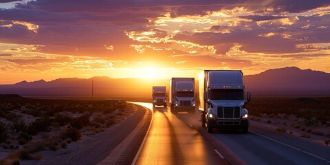 Fleet of Modern Cargo Trucks Cruising on the Highway at Sunset