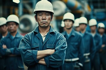 Asian Factory Employees with White Hard Hat at Work