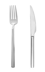 Silver fork and knife isolated on white, top view