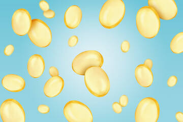 Vitamin. Softgel capsules falling on light blue gradient background