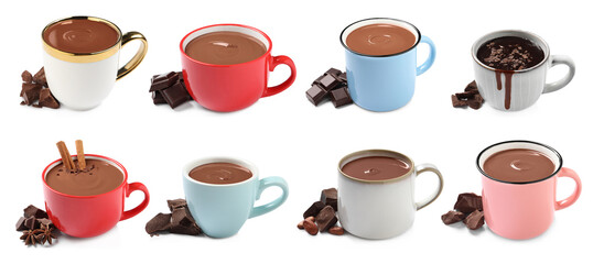 Delicious hot chocolate in cups isolated on white, set