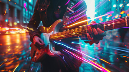 Fingers strumming a guitar surrounded by streaks of colorful light in a dark city alley.