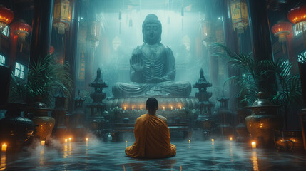 Buddhist monks engaging near serene Buddha statue. Harmony and Serenity Concept. Generative AI. - obrazy, fototapety, plakaty